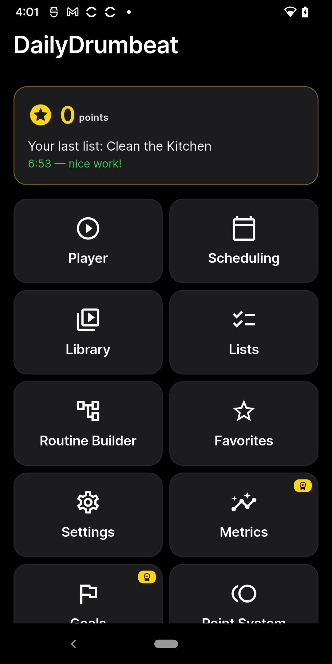 DailyDrumbeat home screen on a phone