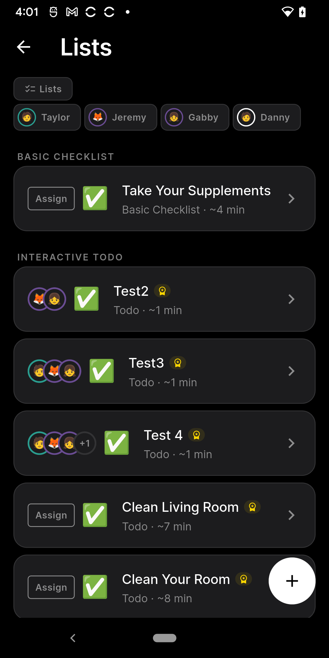 Lists screen with per-kid assignments